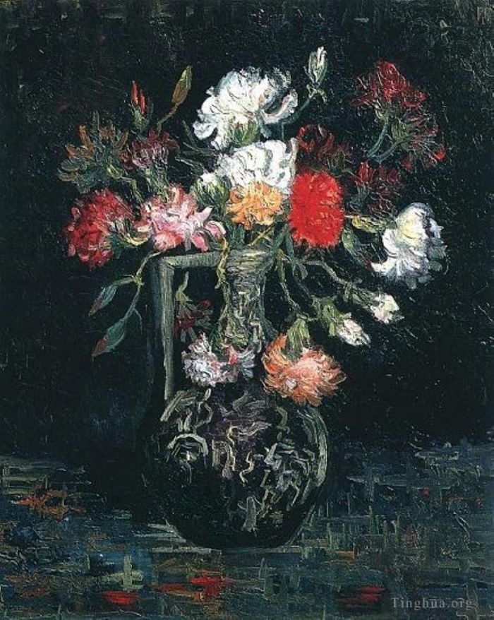 文森特·威廉·梵高 的油画作品 -  《有白色和红色康乃馨的花瓶》