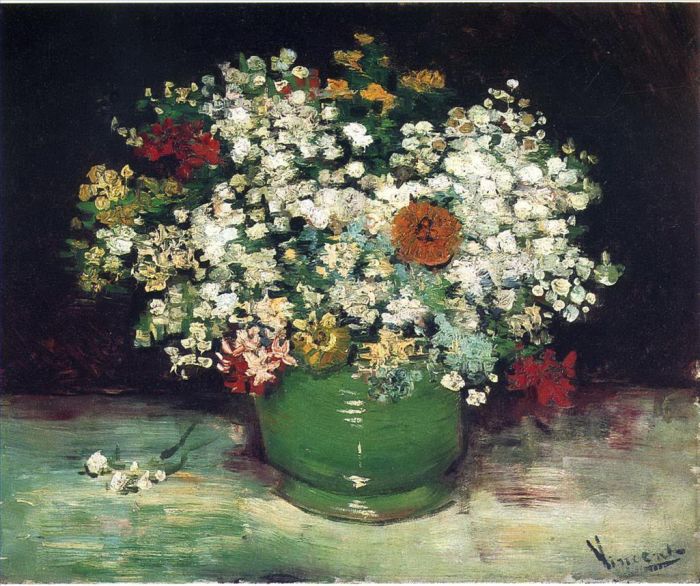 文森特·威廉·梵高 的油画作品 -  《百日草和其他鲜花的花瓶》