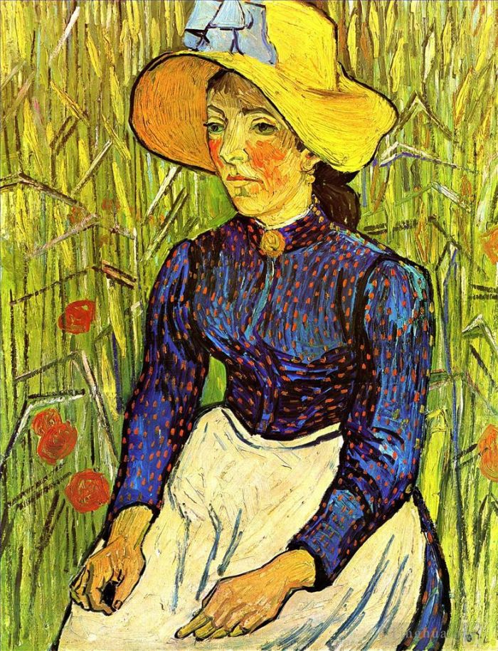 文森特·威廉·梵高 的油画作品 -  《坐在麦田前的戴草帽的年轻农家姑娘》