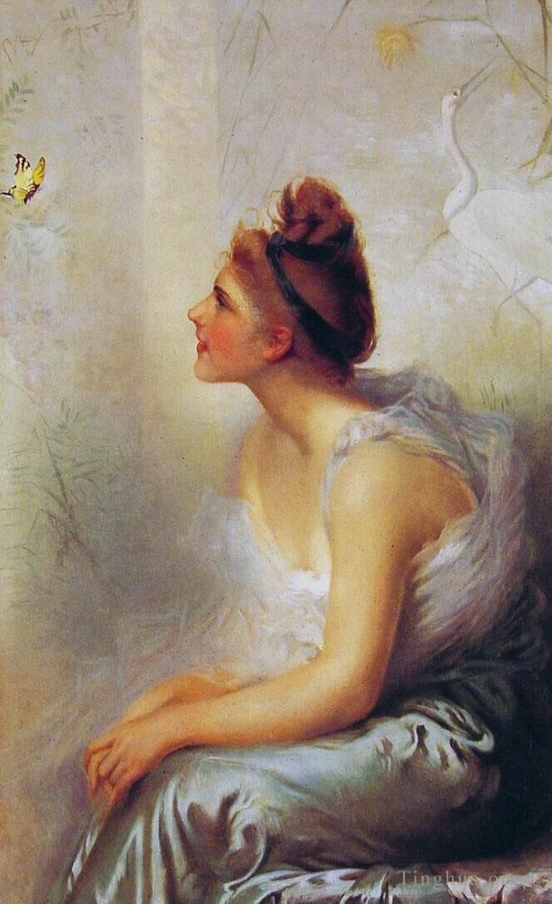 维托里奥·马特奥·科科斯 的油画作品 -  《美女与蝴蝶》