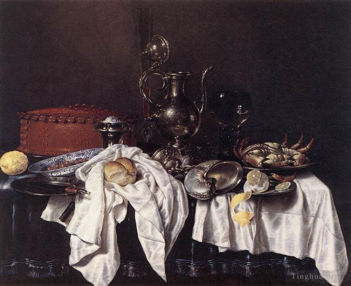 威廉·克莱兹·海达 的油画作品 -  《静物与馅饼银壶和螃蟹》