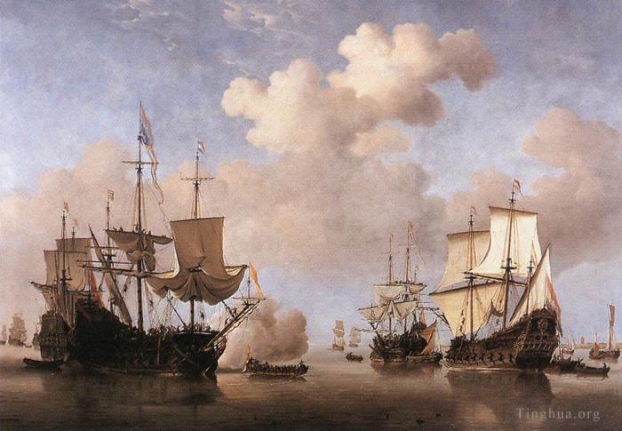 小威廉·凡·德·维尔德 的油画作品 -  《平静的荷兰船只即将抛锚》