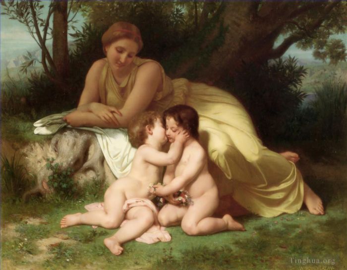 威廉·阿道夫·布格罗 的油画作品 -  《年轻女子考虑两个拥抱的孩子》