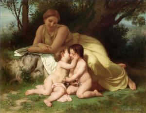 艺术家威廉·阿道夫·布格罗作品《年轻女子考虑两个拥抱的孩子》