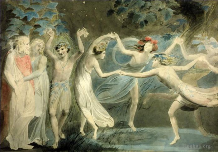 威廉·布莱克 的各类绘画作品 -  《奥布朗·泰坦尼亚和帕克与仙女共舞》