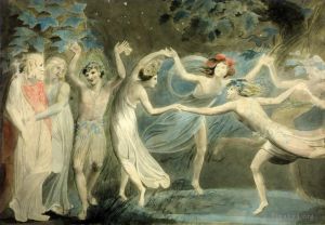 艺术家威廉·布莱克作品《奥布朗·泰坦尼亚和帕克与仙女共舞》