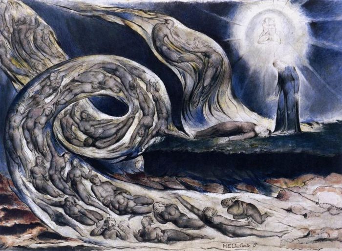 威廉·布莱克 的各类绘画作品 -  《旋风恋人弗朗西斯卡·达里米尼和保罗·马拉泰斯塔》