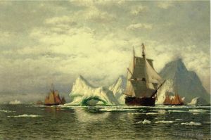 艺术家威廉·布拉德福德作品《北极捕鲸船在冰山间返航》