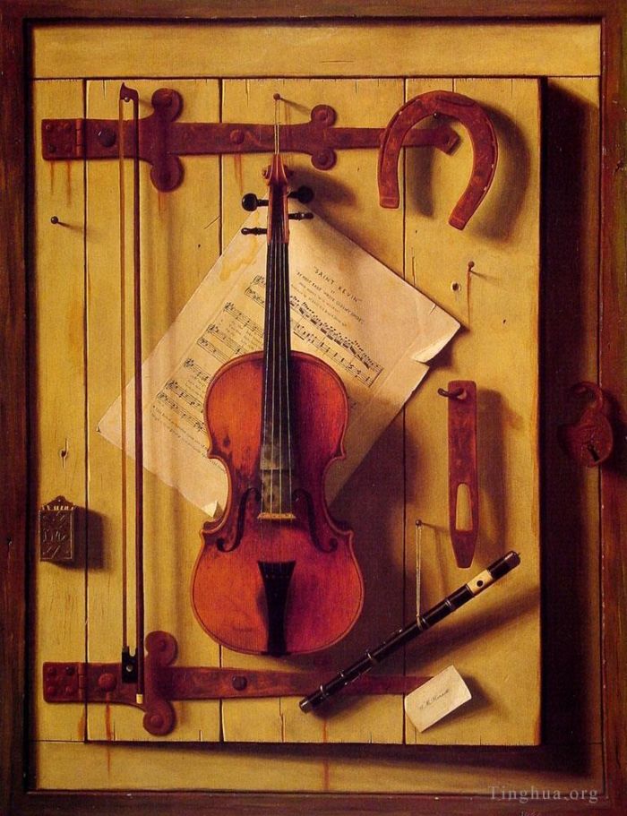 威廉·米切尔·哈尼特 的油画作品 -  《静物小提琴与音乐》