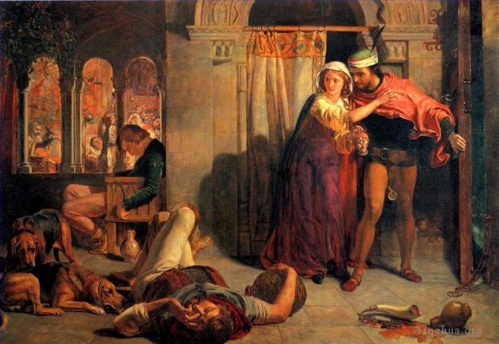 威廉·霍尔曼·亨特 的油画作品 -  《玛德琳和波菲罗在醉酒期间参加狂欢节的飞行》