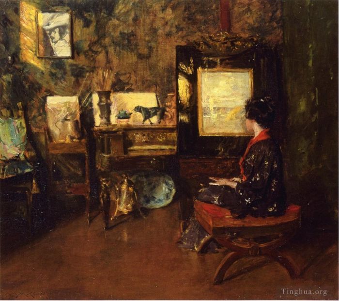 威廉·梅里特·切斯 的油画作品 -  《辛纳科克工作室的爱丽丝》