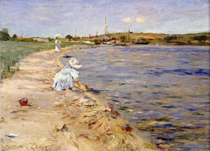 威廉·梅里特·切斯 的油画作品 -  《独木舟广场的海滩场景早晨》