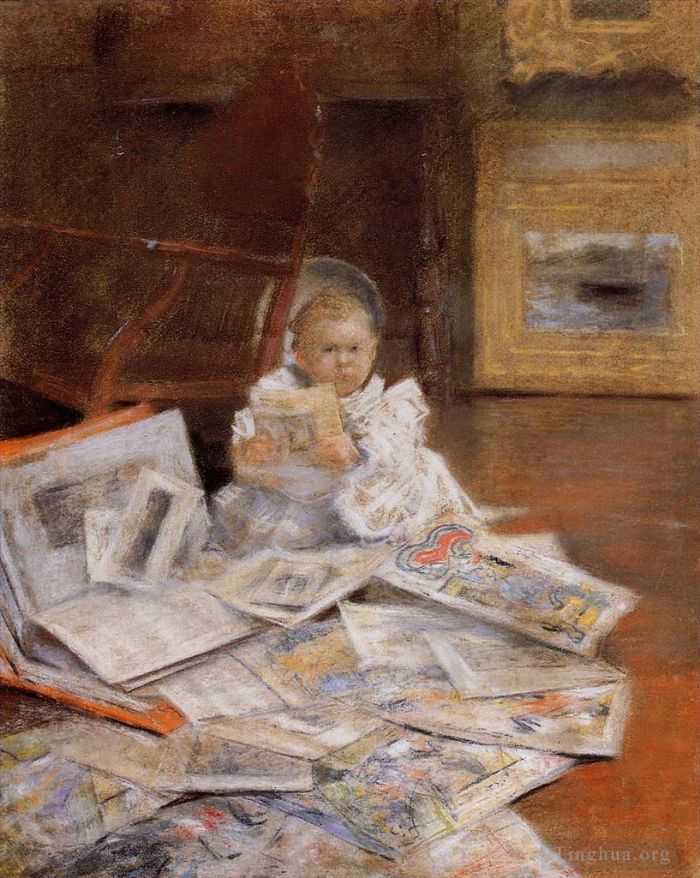 威廉·梅里特·切斯 的油画作品 -  《有版画的孩子》