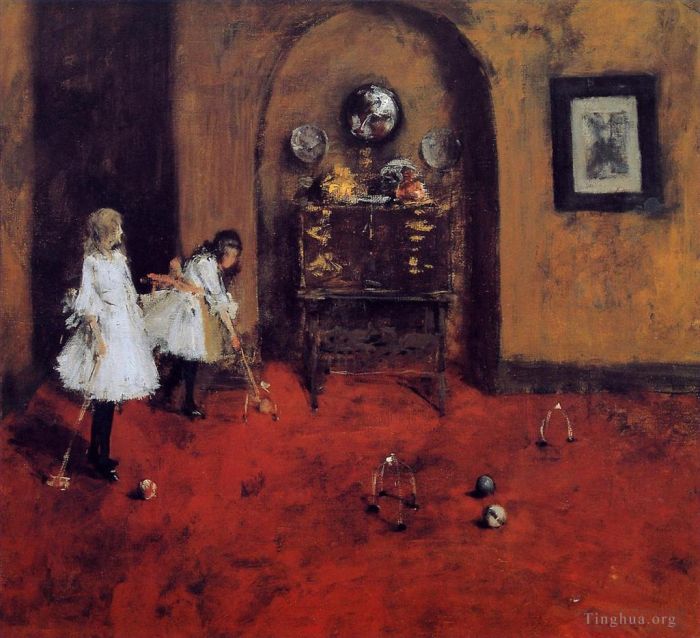威廉·梅里特·切斯 的油画作品 -  《孩子们在客厅玩槌球素描》