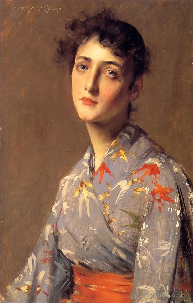 威廉·梅里特·切斯 的油画作品 -  《穿着日本和服的女孩》