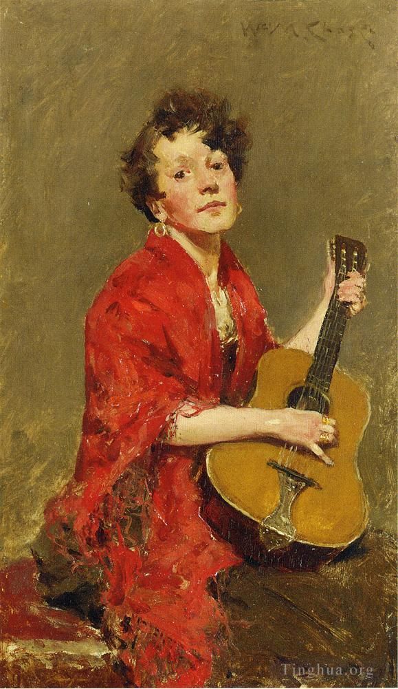 威廉·梅里特·切斯 的油画作品 -  《弹吉他的女孩》