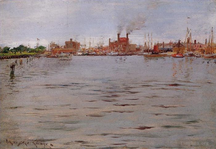 威廉·梅里特·切斯 的油画作品 -  《布鲁克林码头海港风光》