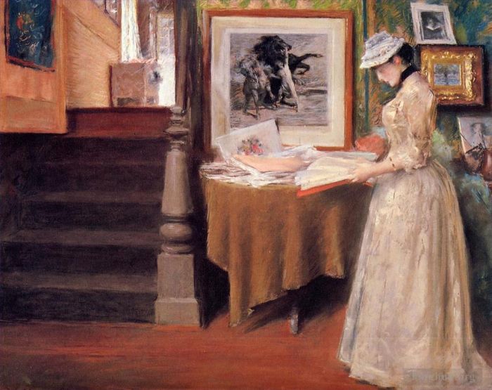 威廉·梅里特·切斯 的油画作品 -  《室内年轻女子在桌旁》