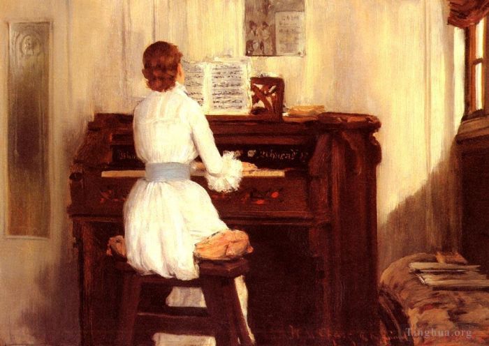 威廉·梅里特·切斯 的油画作品 -  《梅格斯夫人在钢琴管风琴前》