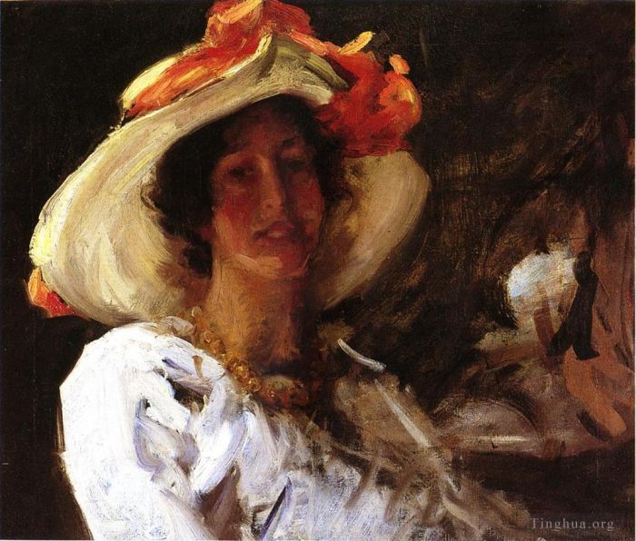 威廉·梅里特·切斯 的油画作品 -  《戴着橙色丝带帽子的克拉拉·斯蒂芬斯的肖像》