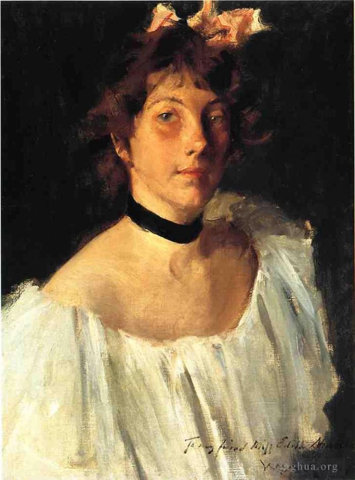 威廉·梅里特·切斯 的油画作品 -  《一位穿白裙的女士的肖像，又名伊迪丝·纽博尔德小姐》