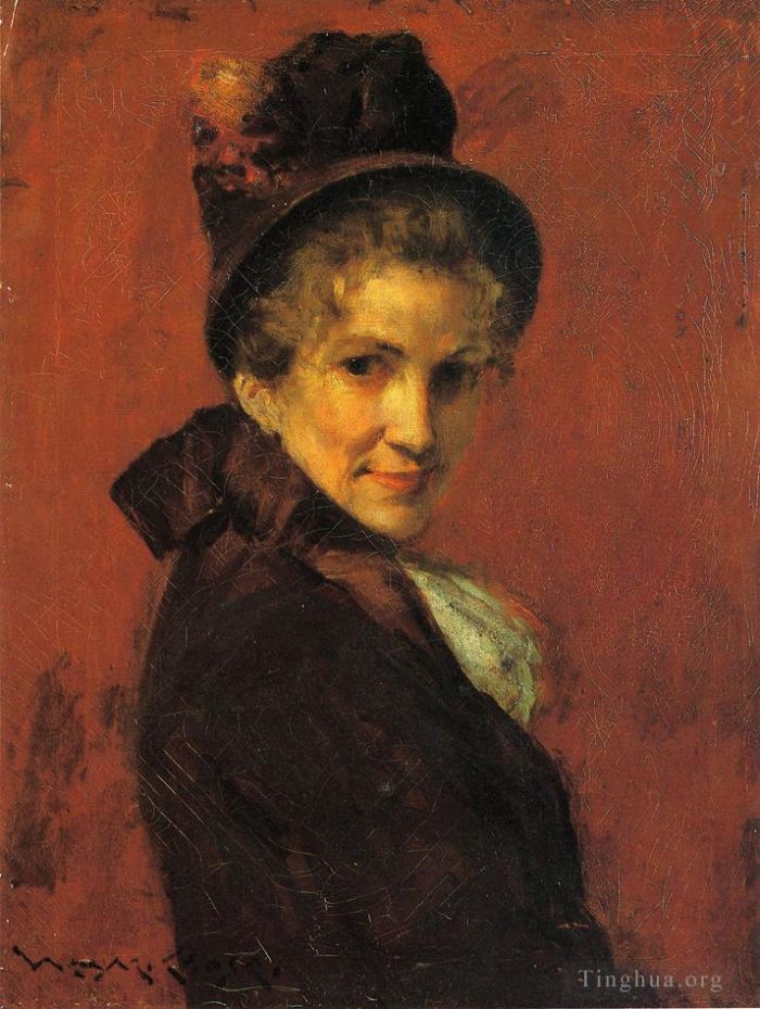 威廉·梅里特·切斯 的油画作品 -  《一个女人黑色帽子的肖像》