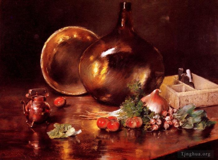 威廉·梅里特·切斯 的油画作品 -  《静物黄铜和玻璃》