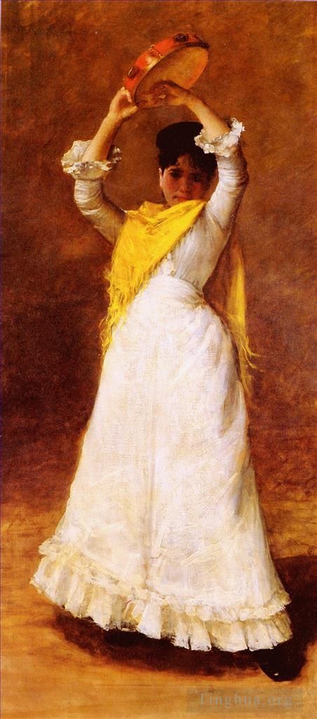 威廉·梅里特·切斯 的油画作品 -  《手鼓女孩》