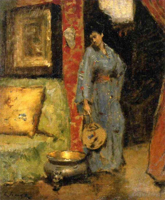 威廉·梅里特·切斯 的油画作品 -  《穿着和服的女人拿着日本扇子》