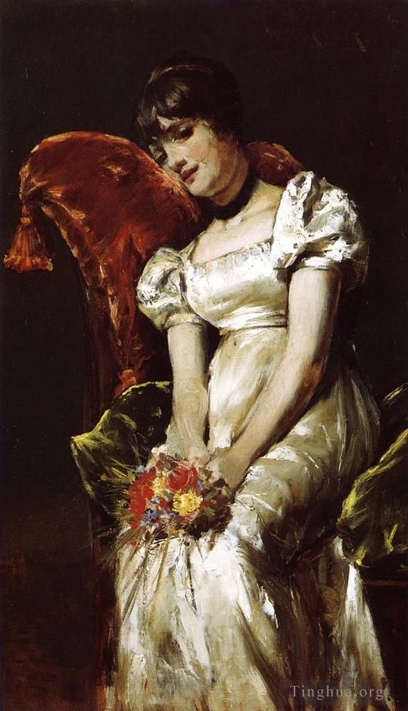 威廉·梅里特·切斯 的油画作品 -  《年轻的女孩与花》