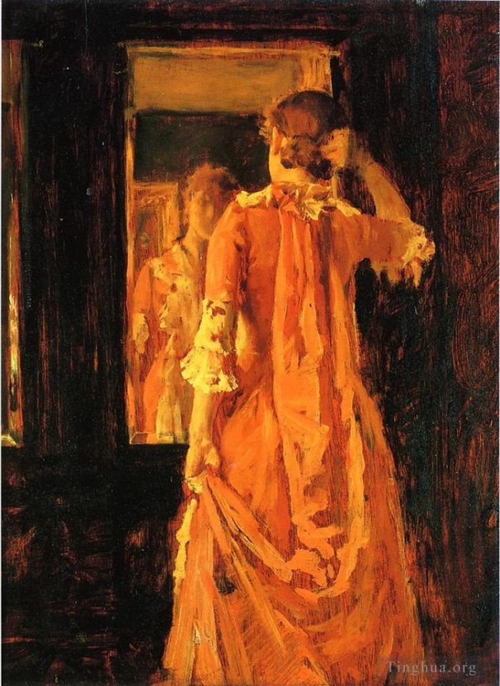威廉·梅里特·切斯 的油画作品 -  《镜子前的年轻女子》