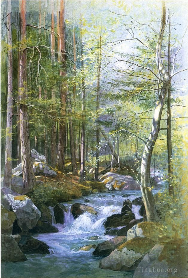 威廉·斯坦利·哈兹尔廷 的油画作品 -  《布里克森蒂罗尔附近的米尔大坝瓦尔恩后面的树林中激流》