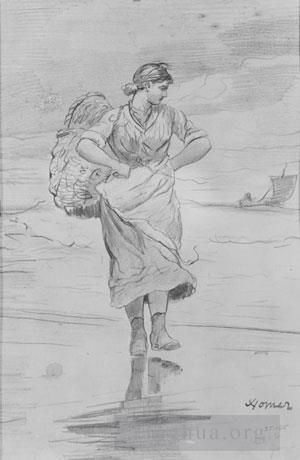 温斯洛·霍默 的各类绘画作品 -  《海滩上的渔女》