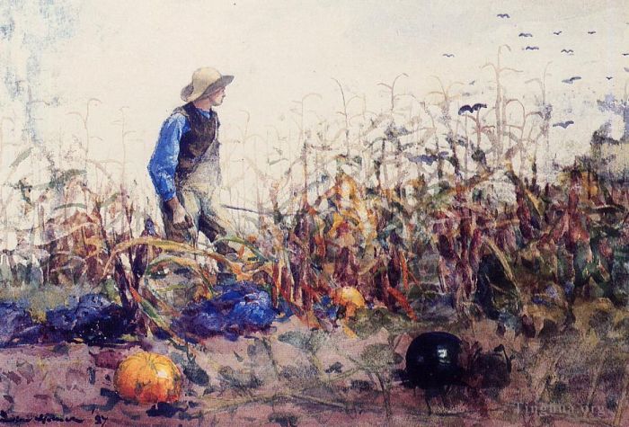 温斯洛·霍默 的各类绘画作品 -  《蔬菜间又名玉米地里的男孩》