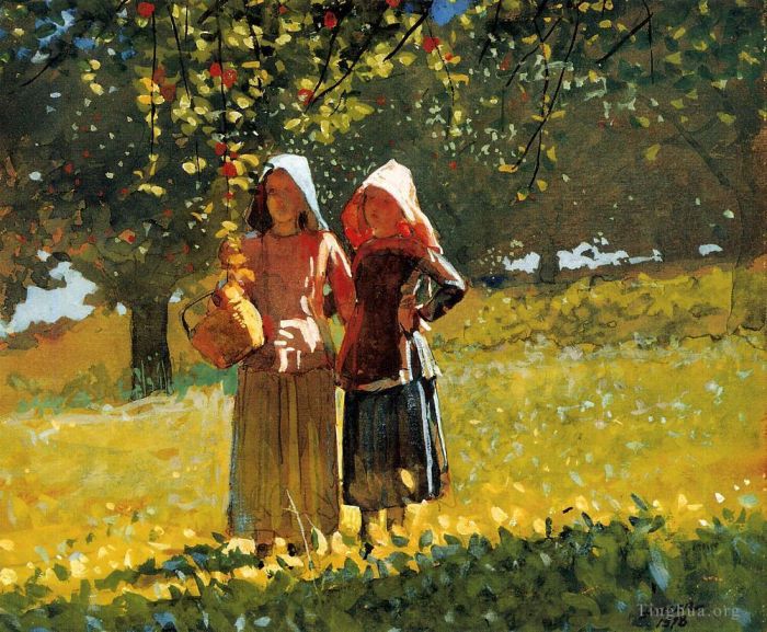 温斯洛·霍默 的各类绘画作品 -  《苹果采摘又名两个女孩在太阳帽或果园里》