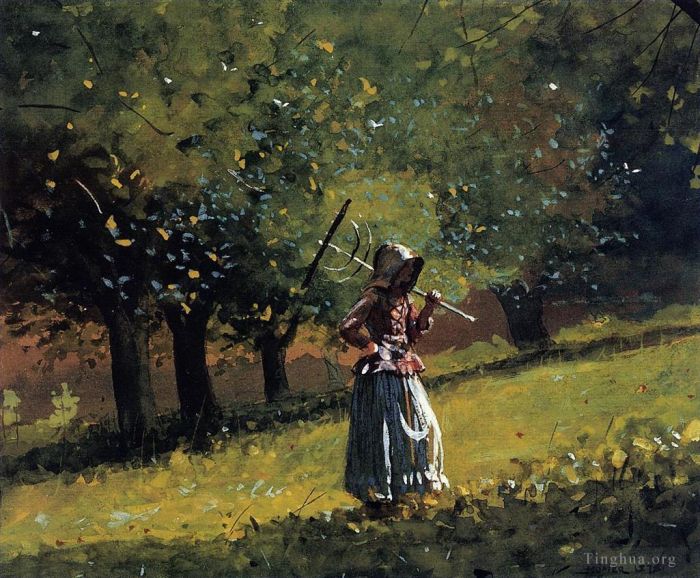 温斯洛·霍默 的各类绘画作品 -  《拿着干草耙的女孩》