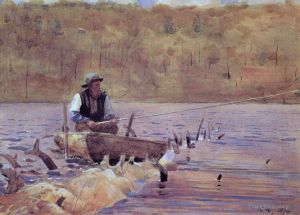 艺术家温斯洛·霍默作品《平底船钓鱼的男人》