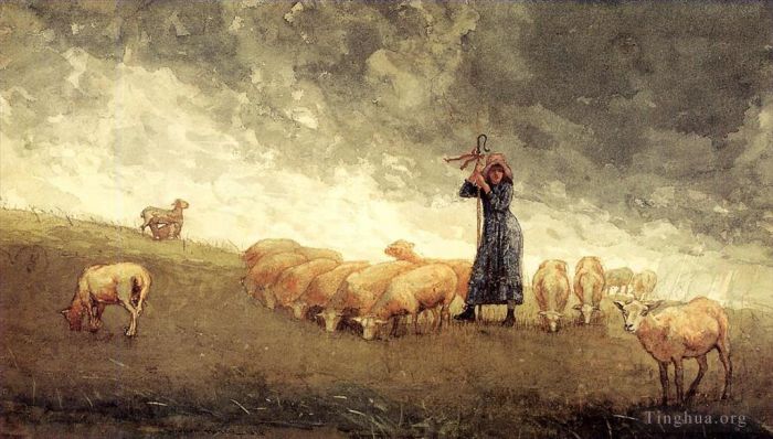 温斯洛·霍默 的各类绘画作品 -  《牧羊女照料羊》
