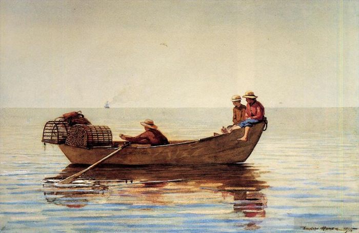 温斯洛·霍默 的各类绘画作品 -  《三个男孩在一条多利鱼和龙虾笼里》