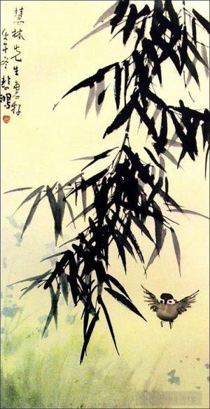 艺术家徐悲鸿作品《竹子和一只鸟》