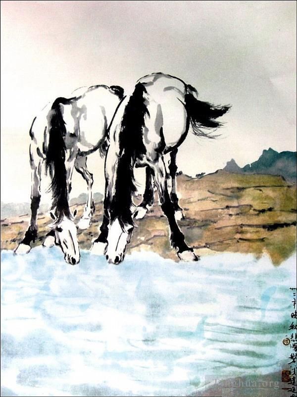 徐悲鸿 的书法国画作品 -  《马喝水》