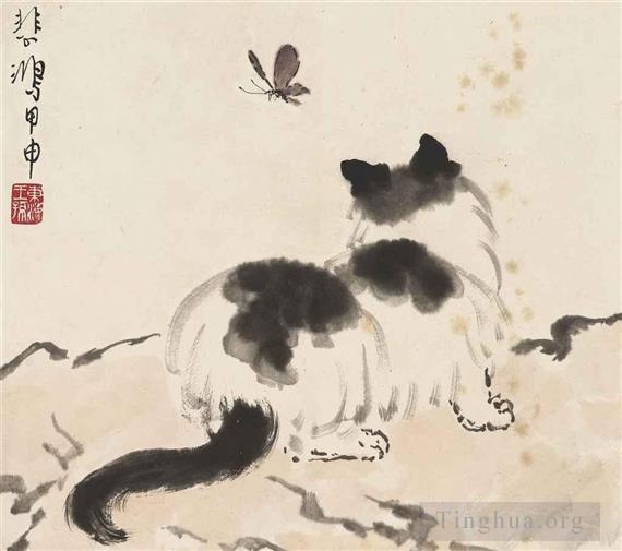 徐悲鸿作品《小猫与蝴蝶,1944》