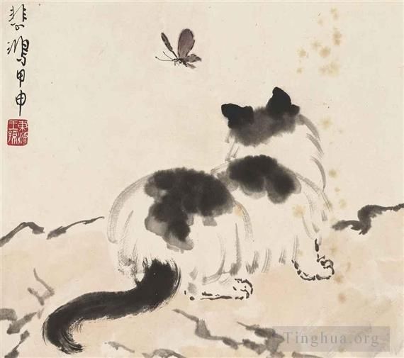 徐悲鸿 的书法国画作品 -  《小猫与蝴蝶,1944》