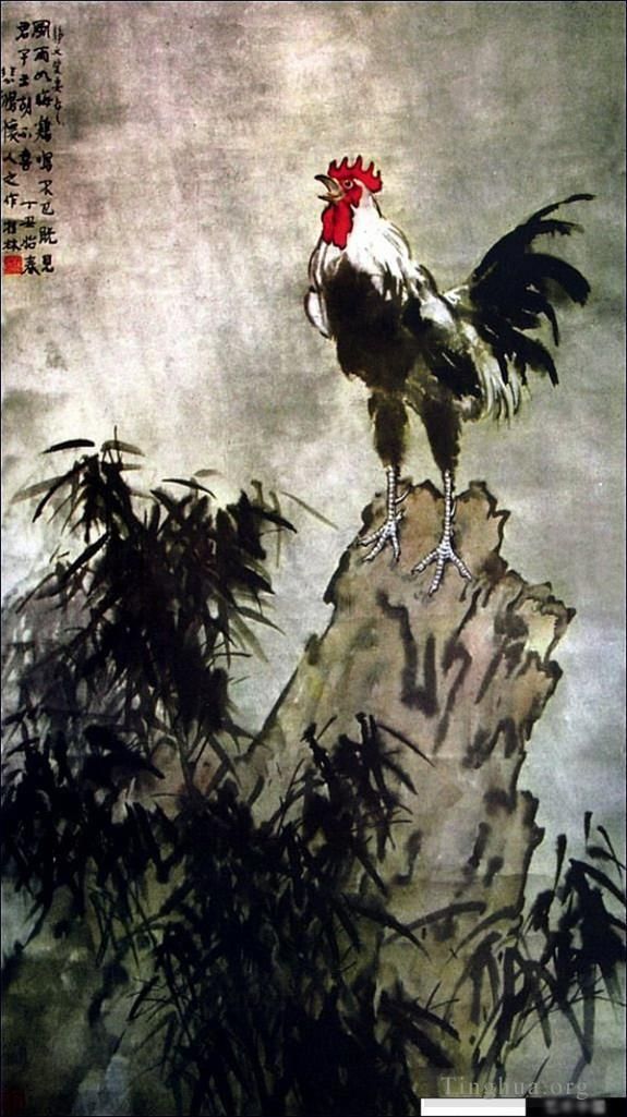 徐悲鸿 的书法国画作品 -  《岩石上的公鸡》